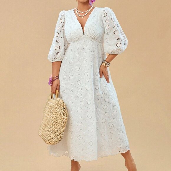 White Elegant Women's Plus Size Holiday Embroidered V-Neck Puff Sleeve Dress - Picture 1 of 6